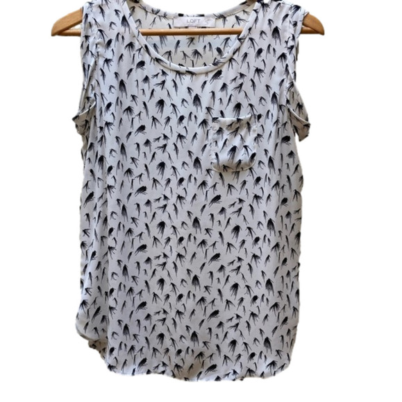 Loft white with black hummingbird pattern sleeveless top. - Picture 1 of 7